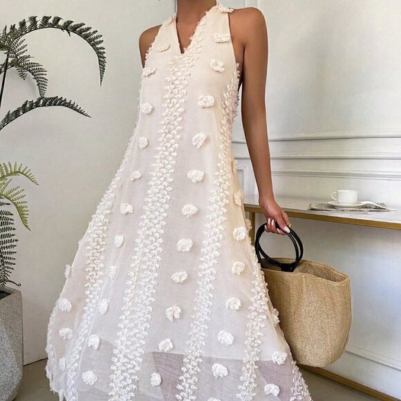 Apricot Sexy Women's Summer Vacation Deep V Halter Neck Texture Dress - Picture 4 of 6